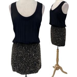 Karina Grimaldi Silk Mini Dress Sequin Skirt Blouson Bodice Gold Black Womens M